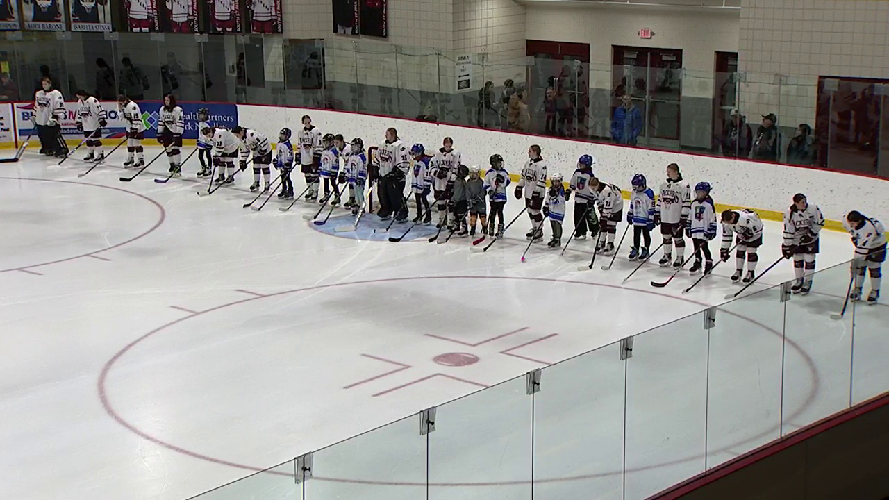 hockey players lined up on the ice before the game
