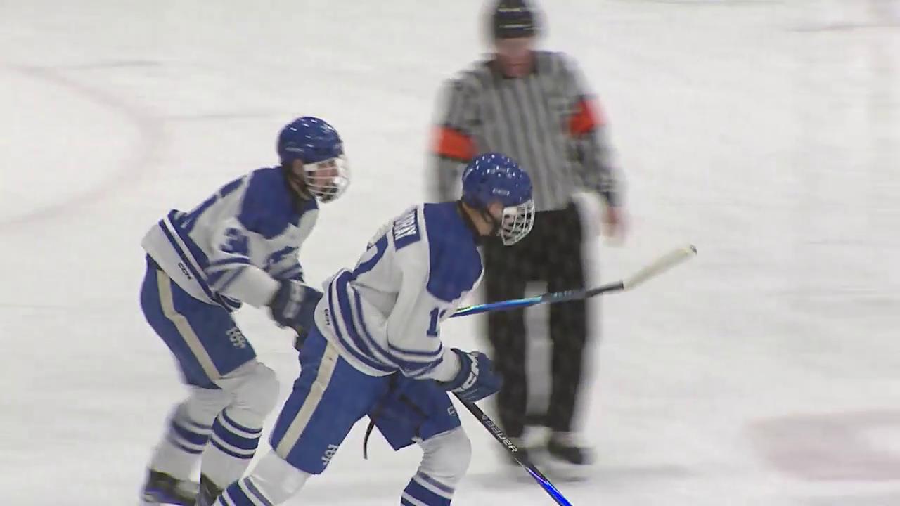 2 hockey players skating in front of a referee