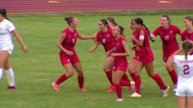 soccer players running together after making a goal